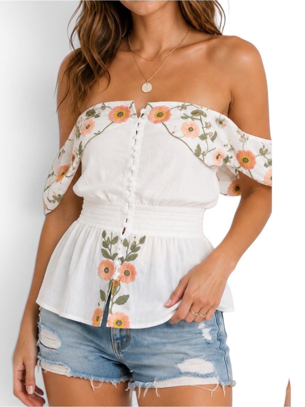 Gimmicks BKE S White Floral Embroidered Off Shoulder Button Front Boho Top